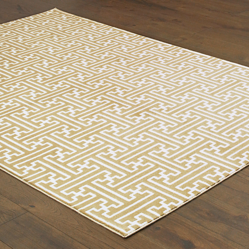 Stain-Resistant Gold and Ivory Geometric Power Loom Runner Rug Ideal for Kid and Pet-Friendly Indoor Spaces