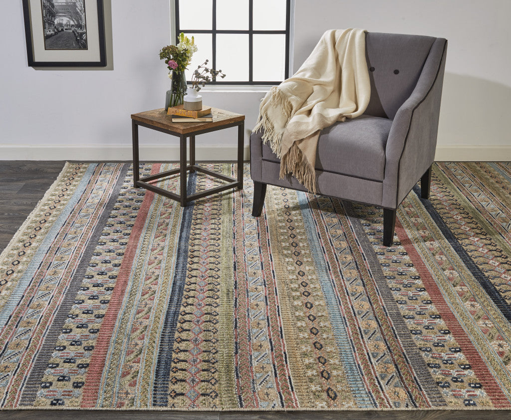 Stylish Hand-Knotted Wool Blend Area Rug with Striped Design in Tan, Blue, and Orange for Elegant Home Décor
