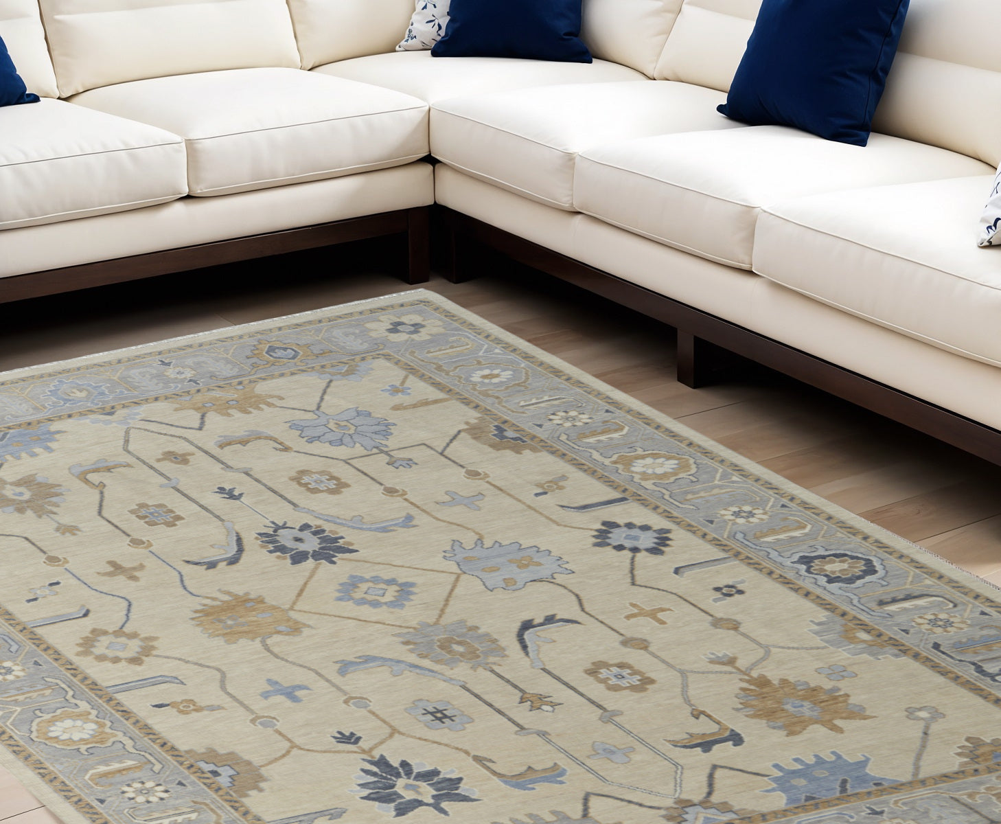 Stylish and Stain-Resistant Hand-Knotted Gray and Blue Floral Area Rug for Home Decor