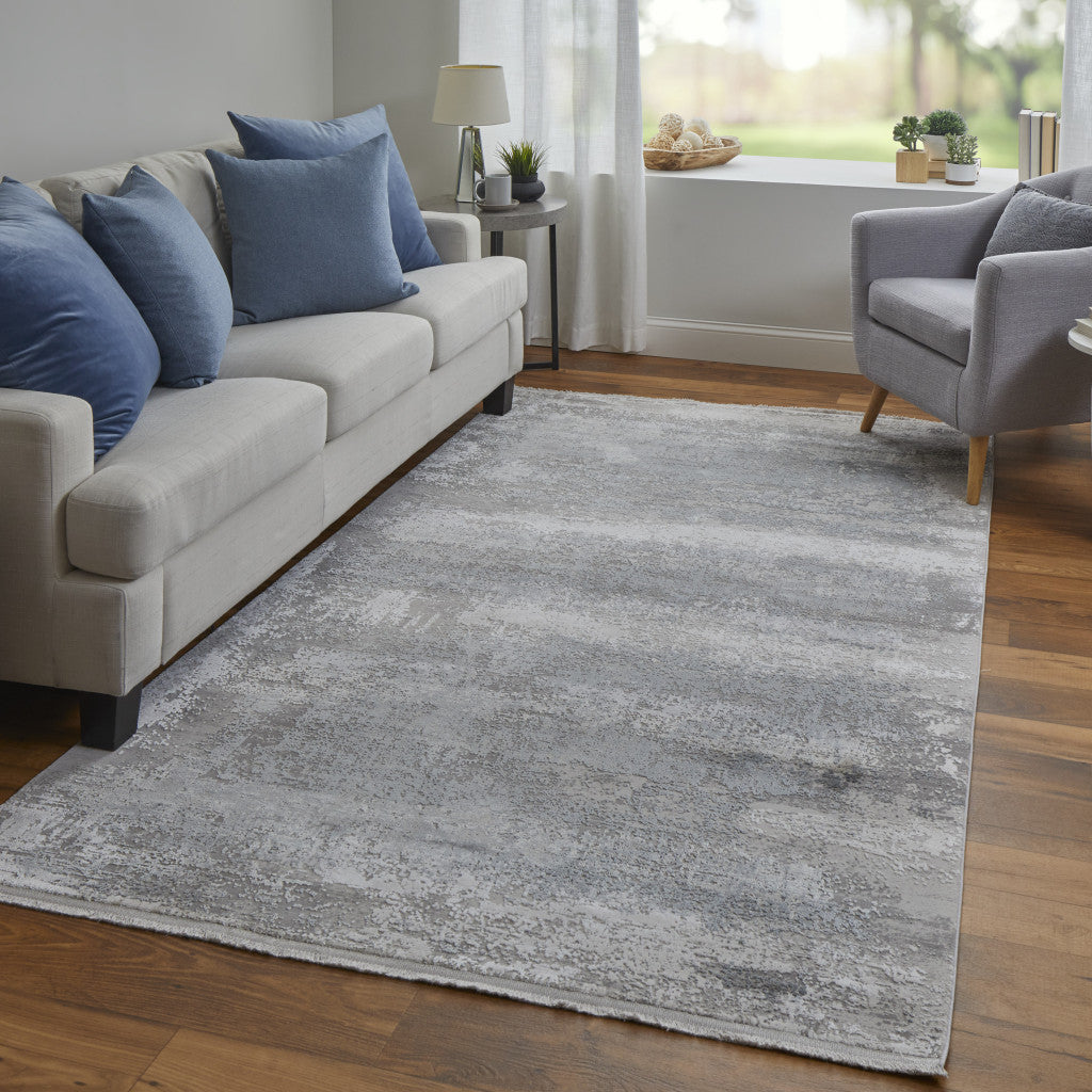 Stylish Power Loom Gray Abstract Area Rug with Fringe for Elegant Home Interior Decor