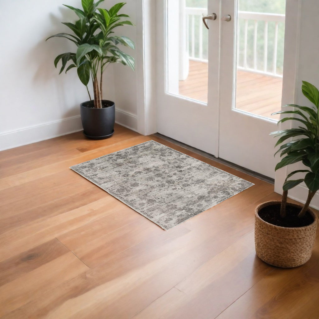 Exquisite Gray Floral Vines Handmade Area Rug with Distressed Look for Luxury Home Decor