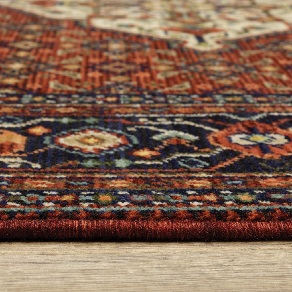 Vibrant Red, Blue, Ivory & Orange Tasseled Stain-Resistant Oriental Area Rug