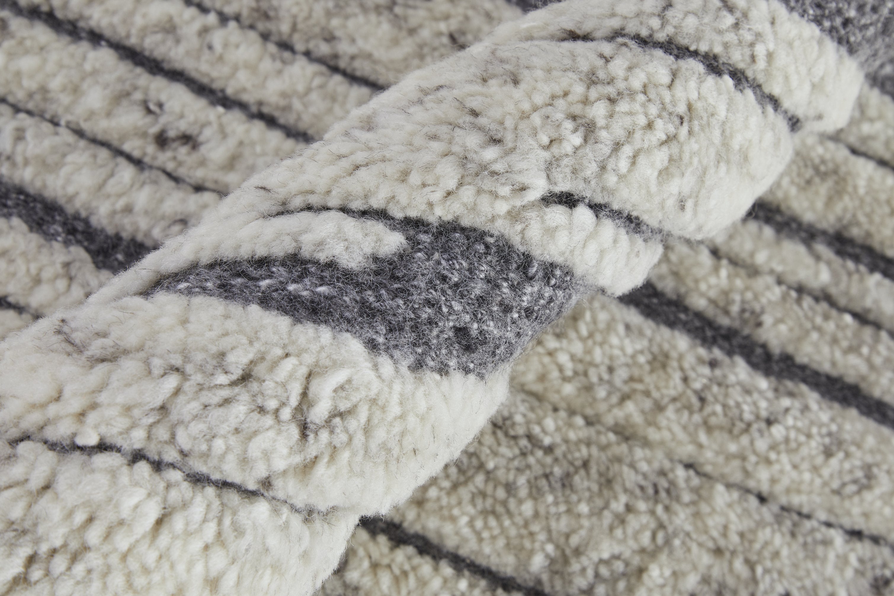 Ivory Hand-Knotted Wool Rug with High-Low Pile and Stripes - Modern Scandinavian Style