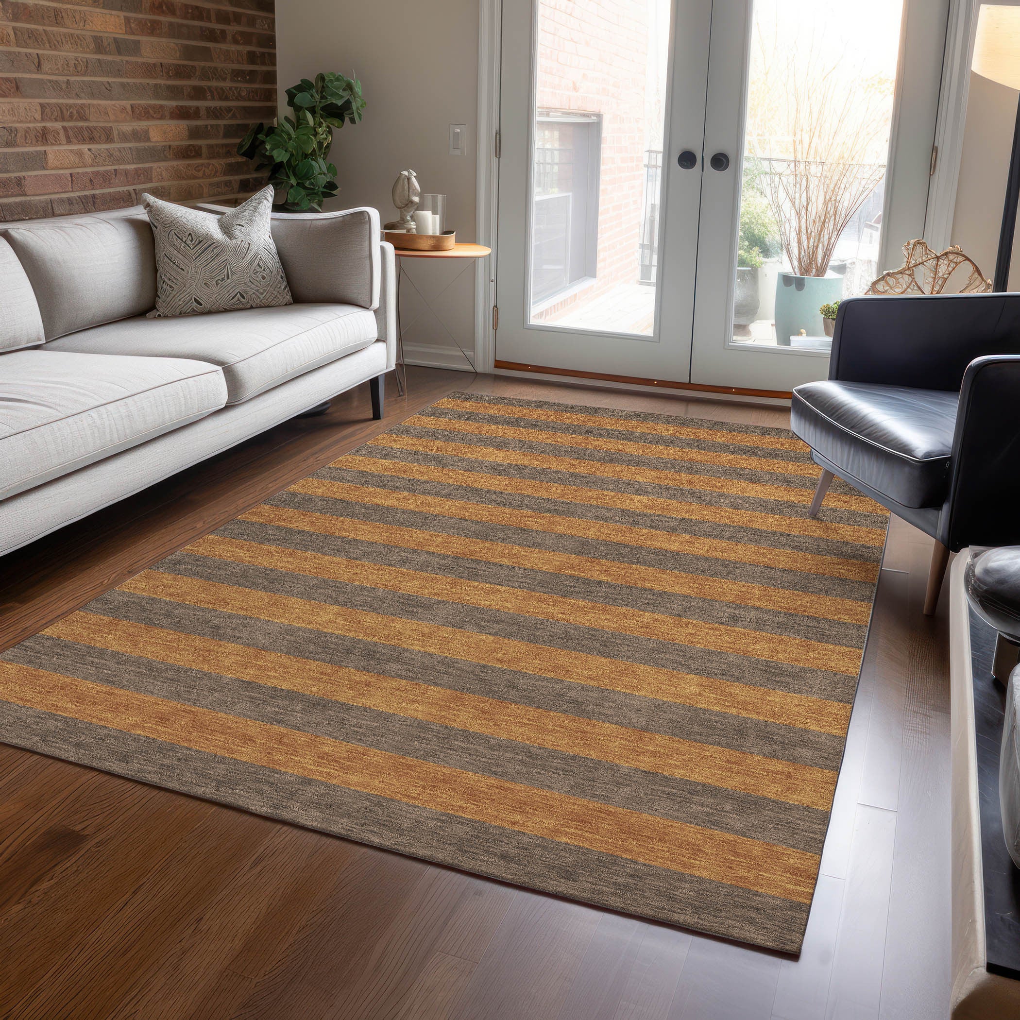 Stylish Washable and Stain - Resistant Coffee Striped Indoor - Outdoor Runner Rug