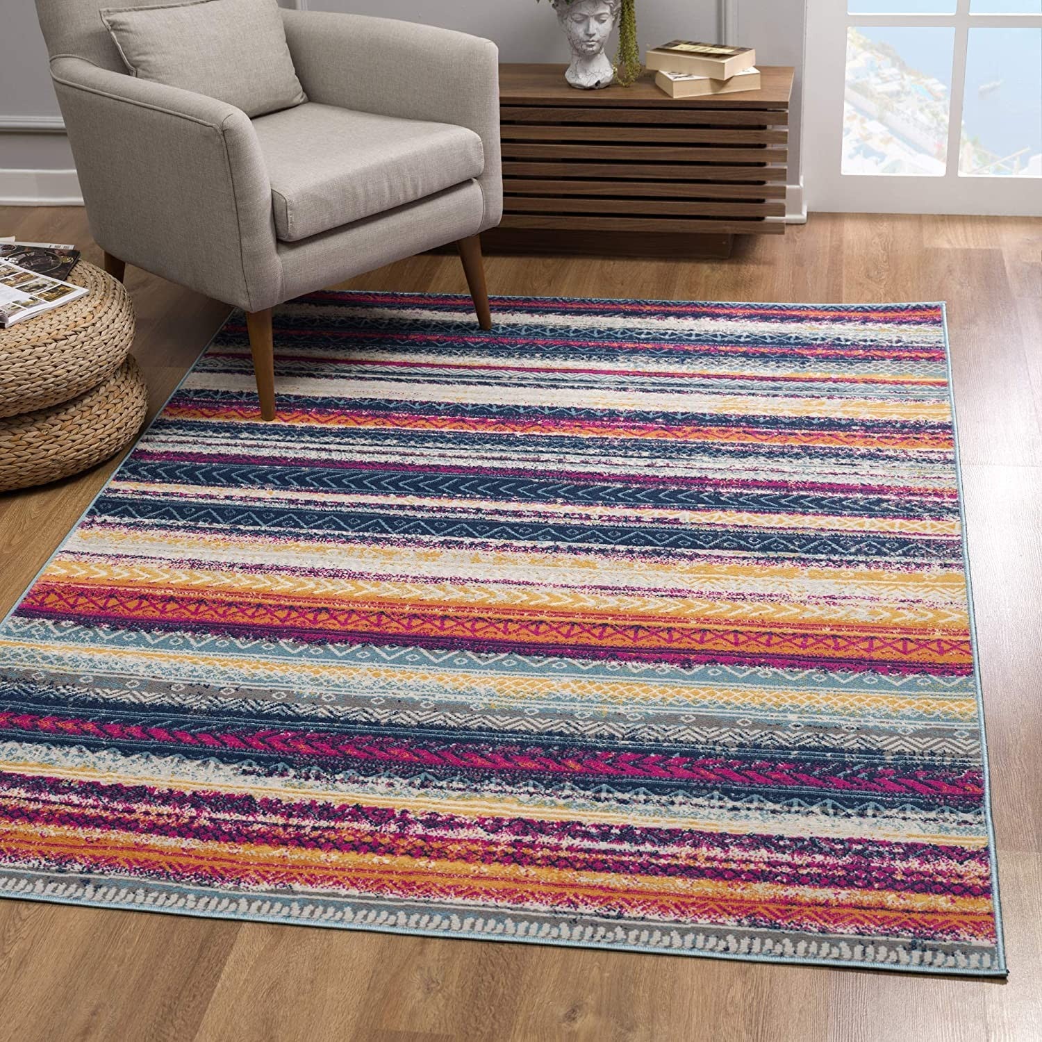 Multicolor Retro - Modern Design Irregular Striped Area Runner Rug with Stain - Resistant and Soft Texture