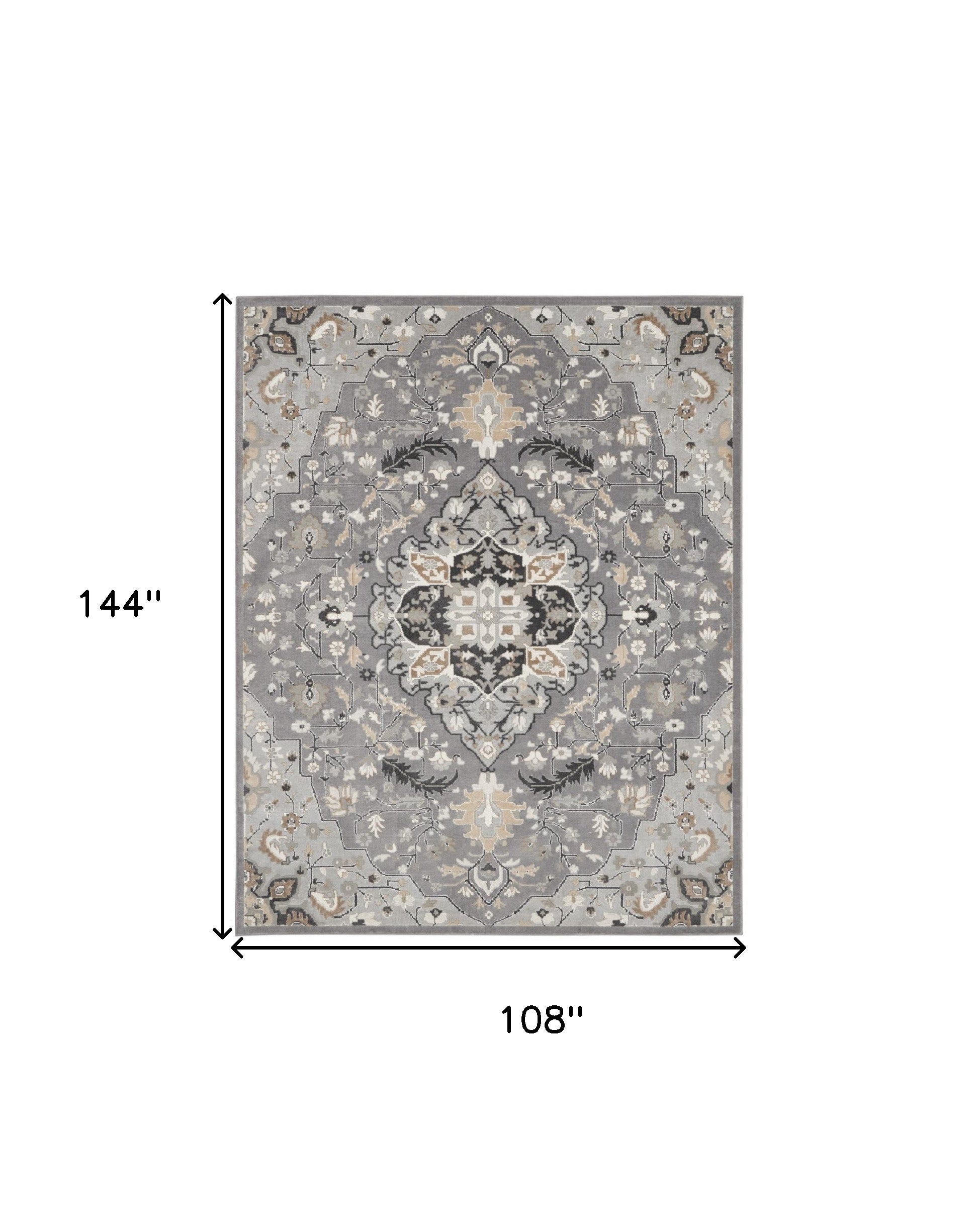 Opulent 9-Foot by 12-Foot Non-Slip Ivory, Black, and Gray Floral Medallion Area Rug for Elegant Homes