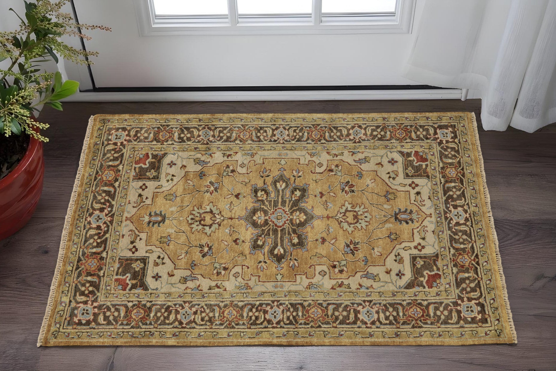Unique Stain-Resistant Hand-Knotted Oriental Area Rug in Tan, Brown & Gold for Homes