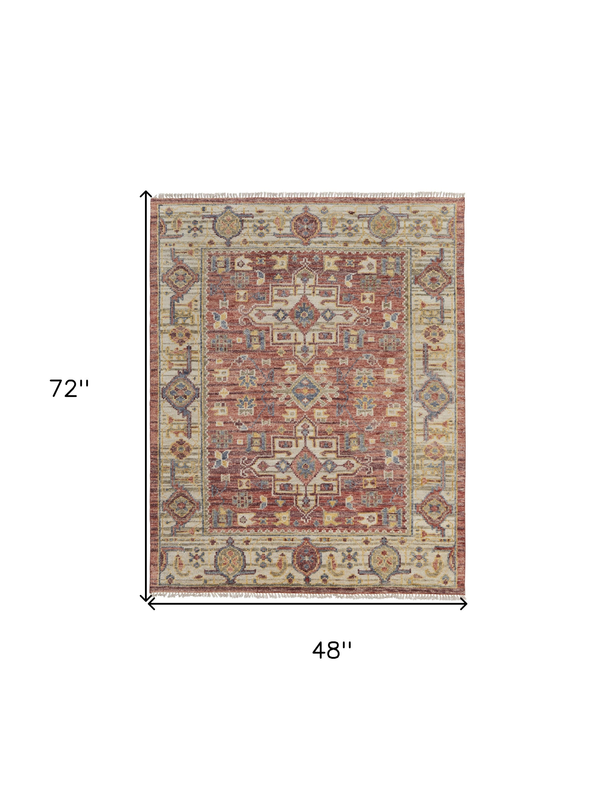 Stylish Stain-Resistant Hand-Knotted Ivory, Red & Gold Oriental Area Rug with Fringe