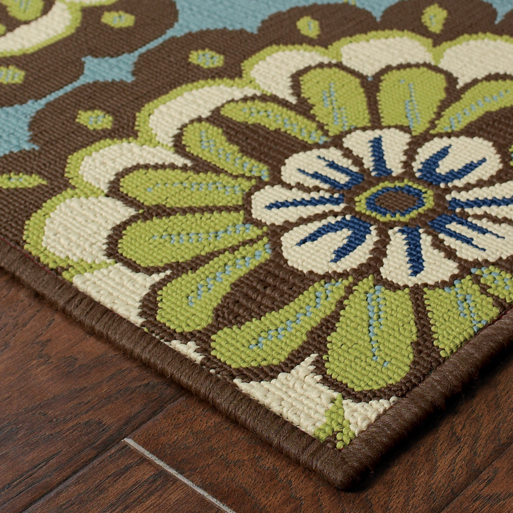 Stain-Resistant Blue and Green Floral Outdoor Area Rug for Indoor/Outdoor Use