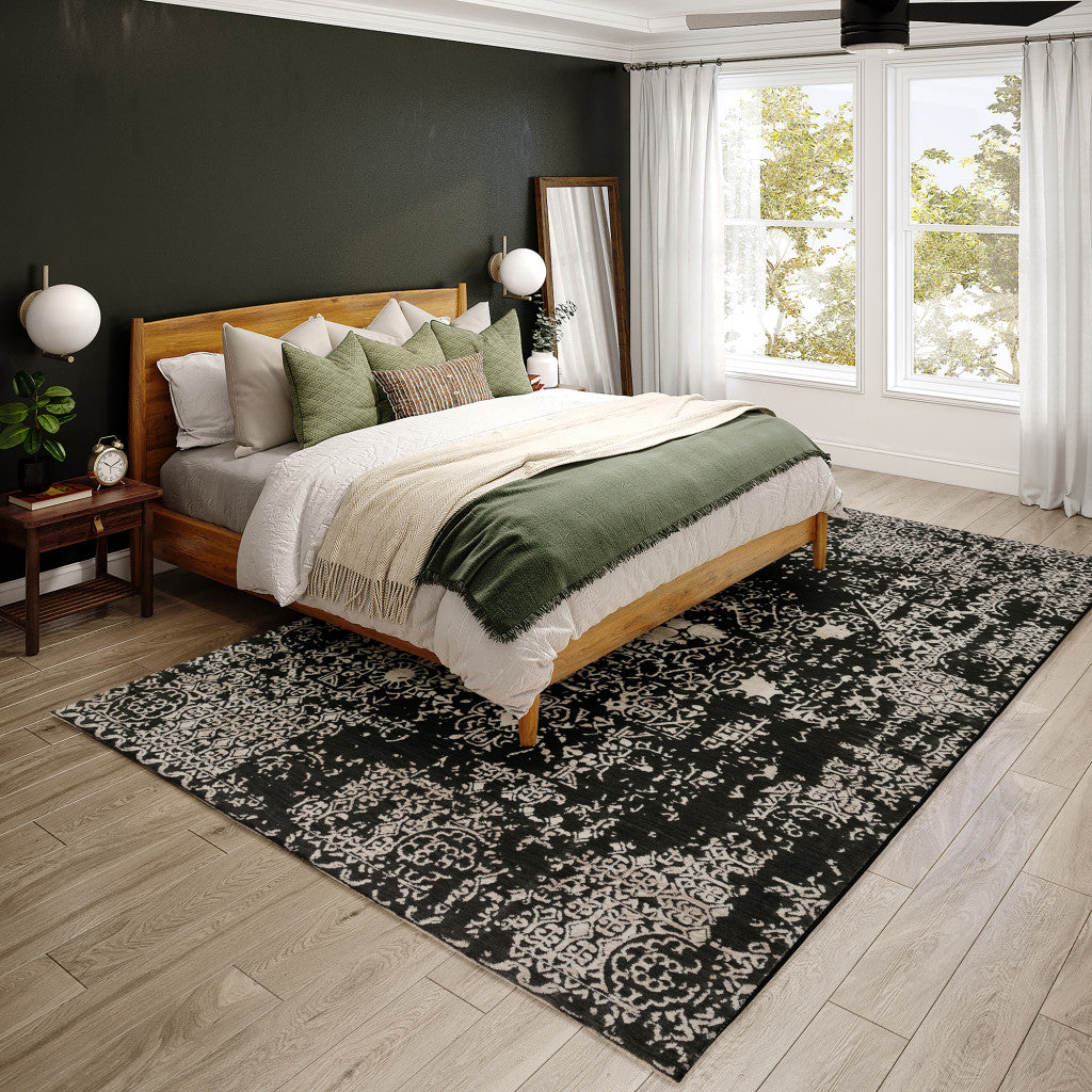 Luxurious 9' x 13' Black Oriental Area Rug with Exquisite Fringe Design for Contemporary Elegance and Comfort