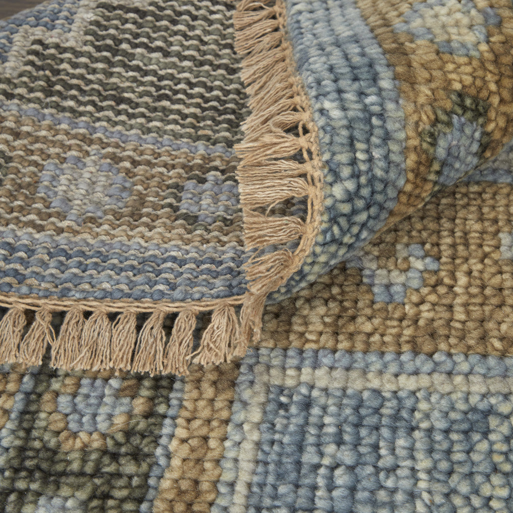 Exquisite Hand-Knotted Wool Area Rug in Elegant Ivory Tan & Blue with Tassels