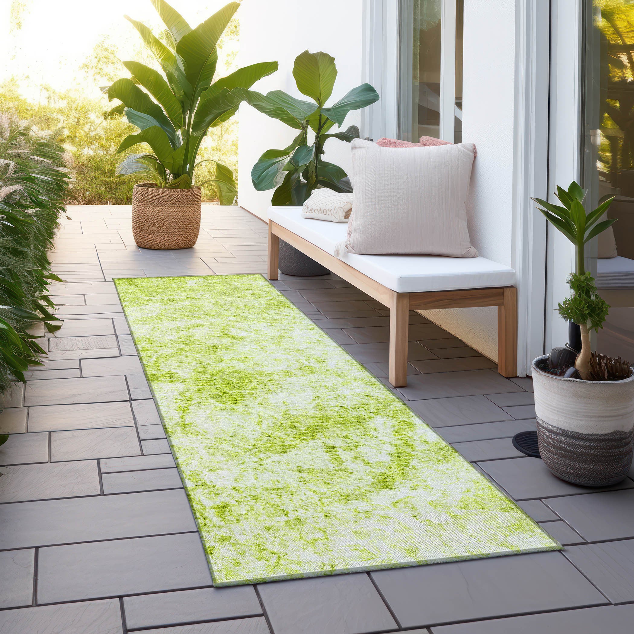 Stylish and Contemporary Lime Green Abstract Washable, Stain-Resistant, and Non-Slip Outdoor Area Rug for Home Decor Use