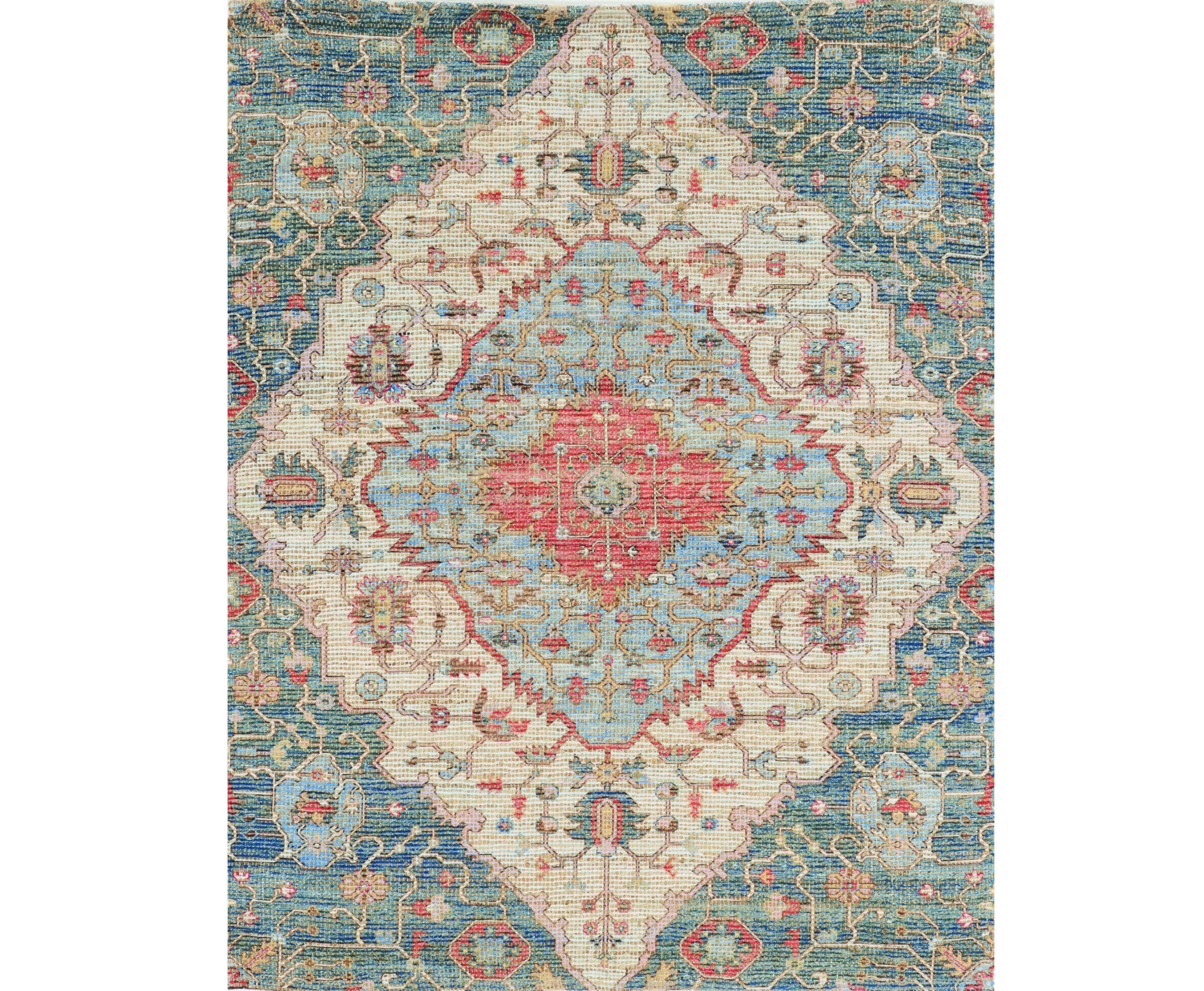 Exquisite Handmade Jute Area Rug with Stunning Blue and Beige Medallion Design