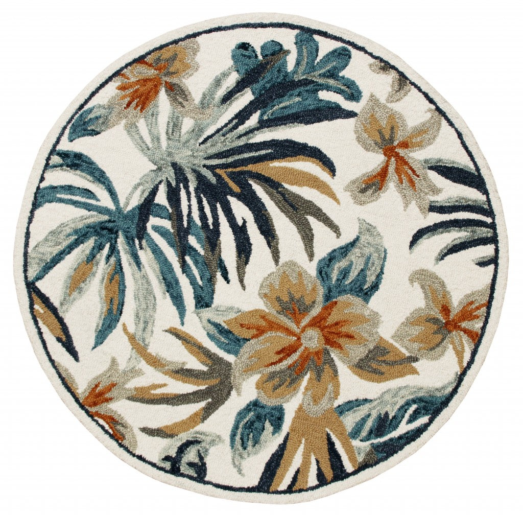 Exquisite Hand-Tufted Wool Round Tropical Area Rug in Blue and White for a Relaxed Coastal Ambiance