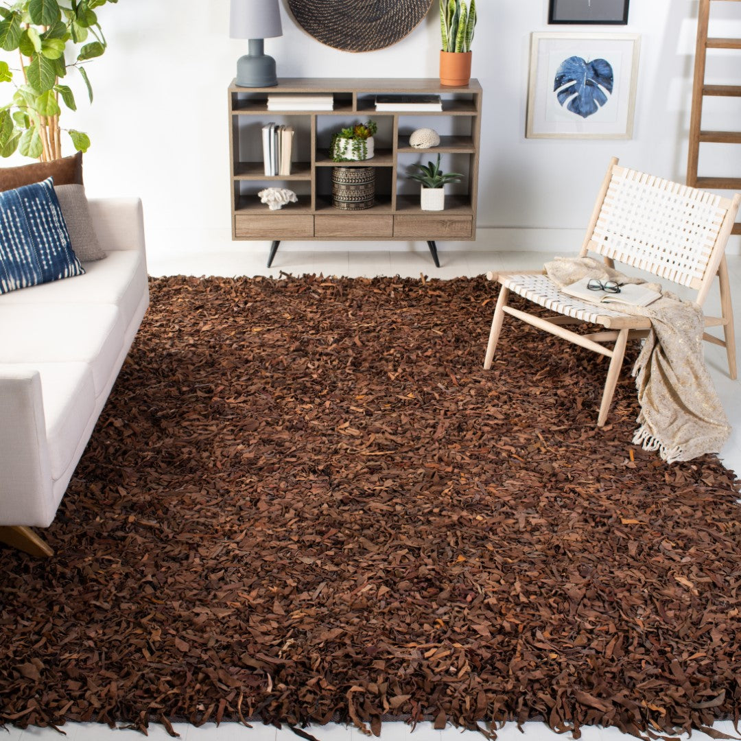 Luxurious Artisan-Crafted Leather Hand-Knotted Shag Rug with 14mm Pile Height