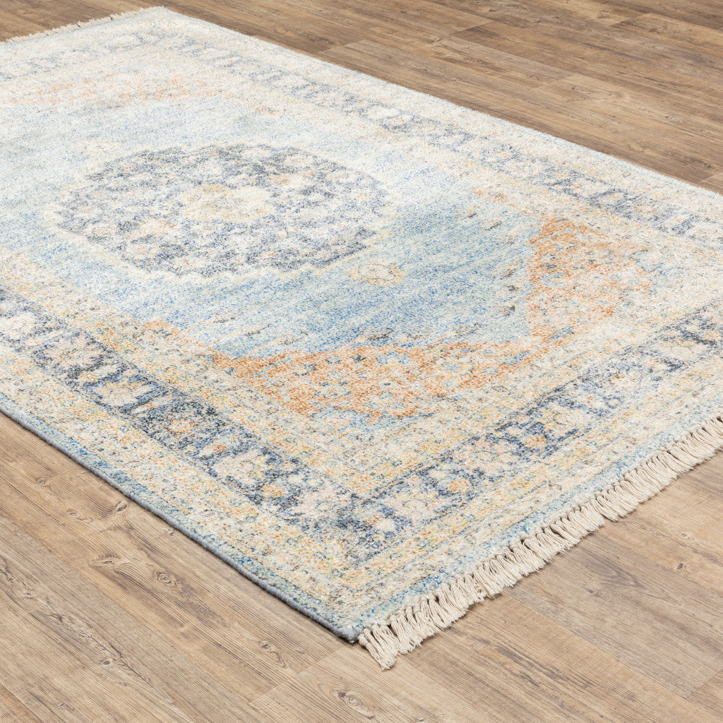 Stain-Resistant Hand Loomed Area Rug with Fringe - Timeless Blue and Beige Oriental Pattern