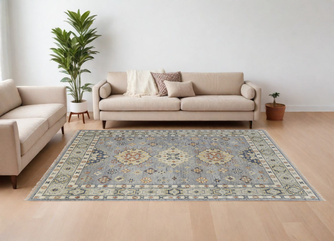 Artisan Hand Knotted Geometric Wool Area Rug with Fringed Tassels – Stylish and Stain-Resistant Home Decor