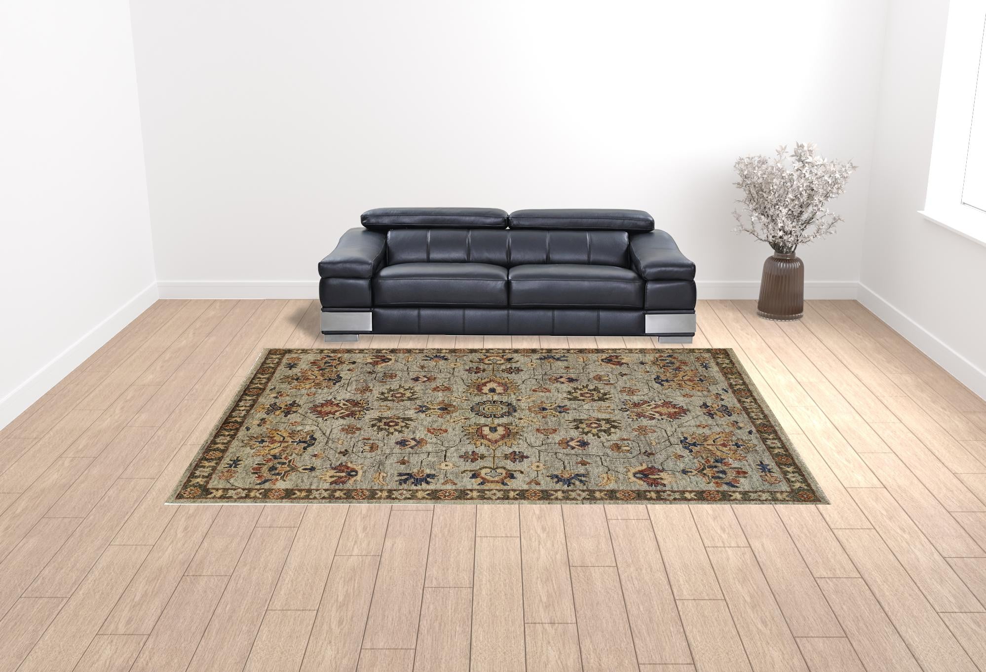 Exquisite Hand-Knotted Wool Floral Area Rug in Elegant Gray and Ivory with Tassels