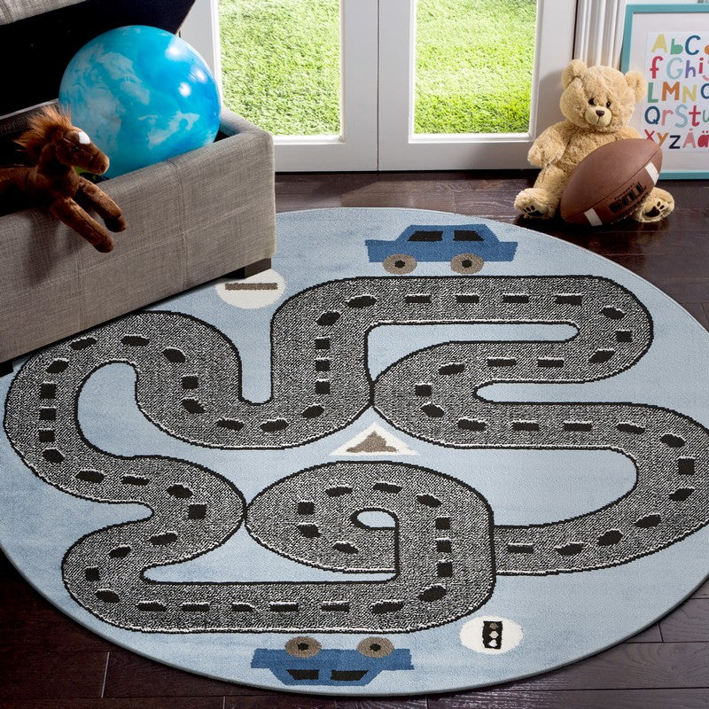Round Blue Racetrack Area Rug - A Colorful and Whimsical Design Ideal for Kids' Bedrooms, Daycares, or Play Areas, Durable and Hassle-Free to Maintain