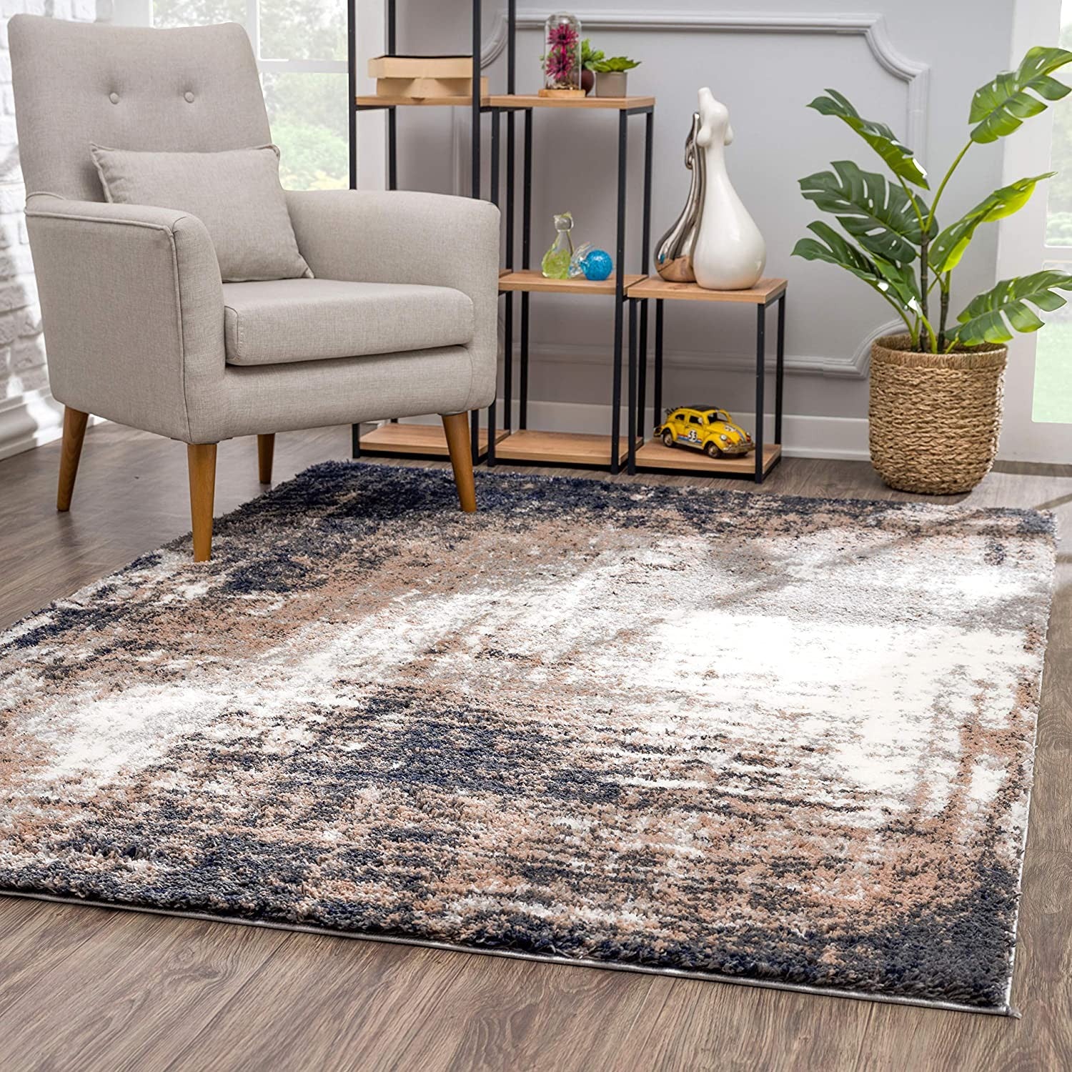 Ivory and Navy Distressed Retro Modern Area Rug for Cozy Home Decor