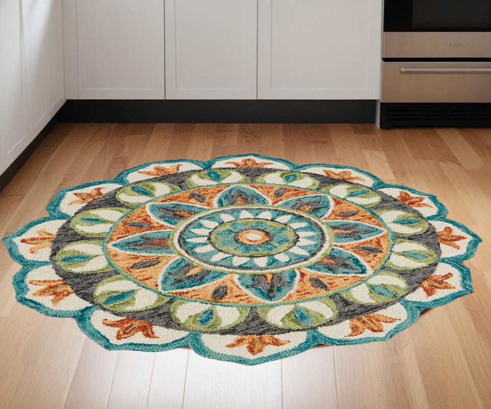 Handmade Round Area Rug in Blue, Orange & Green - Timeless Floral Elegance