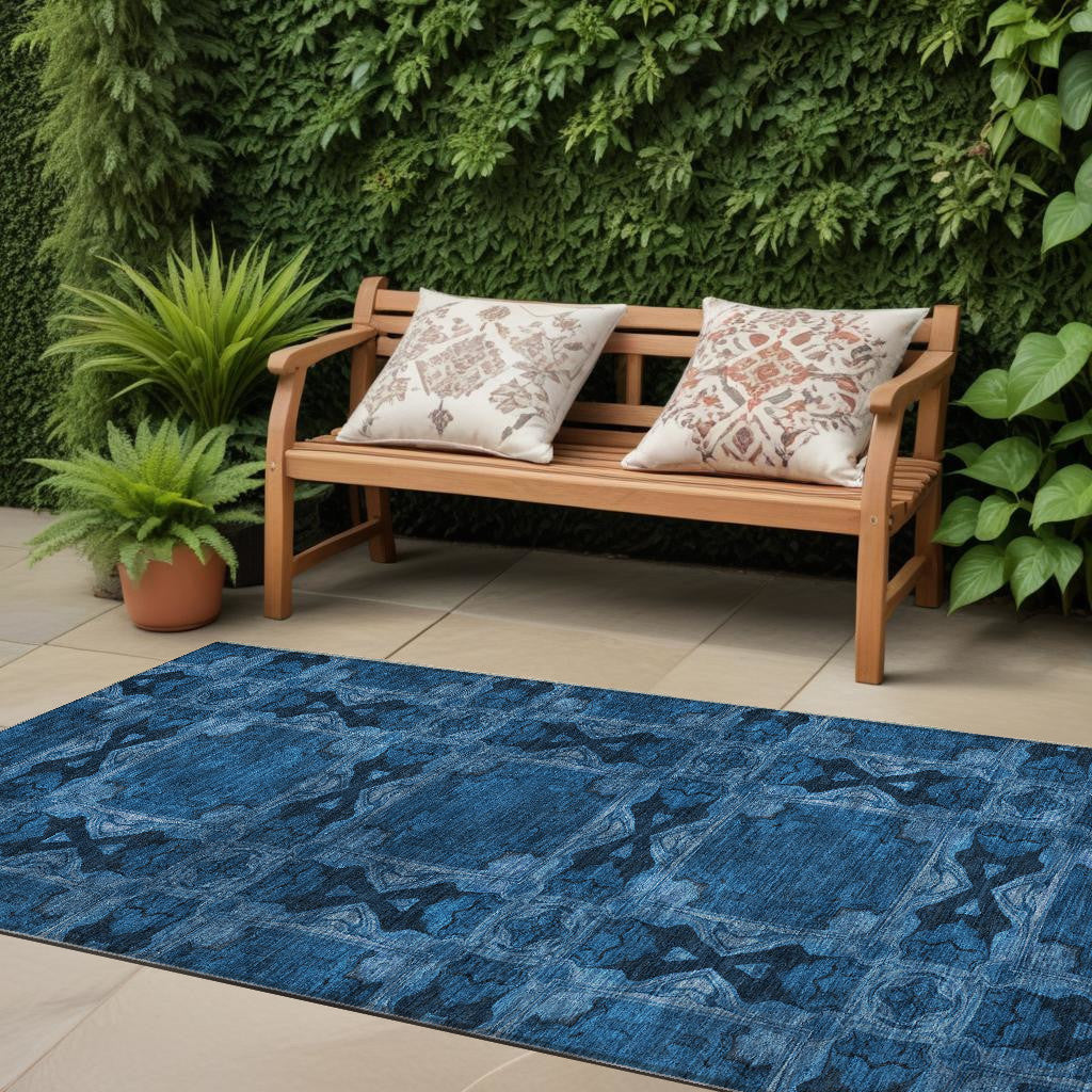 Stain-Resistant, Non-Skid Washable Teal Floral Medallion Round Runner Rug for Indoors & Outdoors