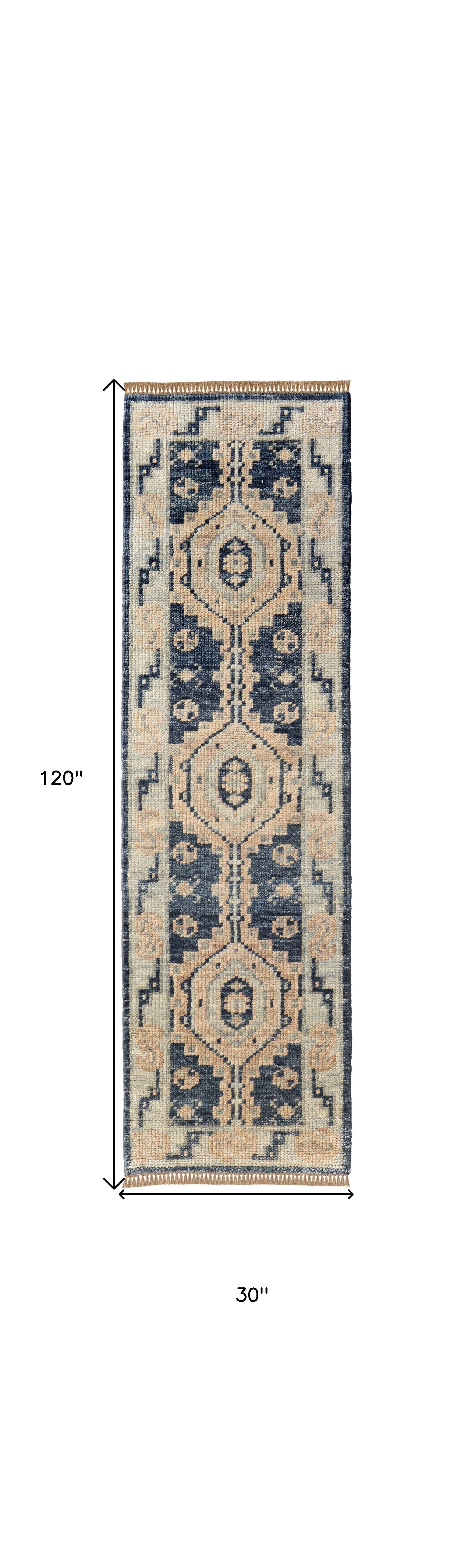 8-Foot Hand-Knotted Wool Runner Rug with Blue and Ivory Geometric Design and Fringe