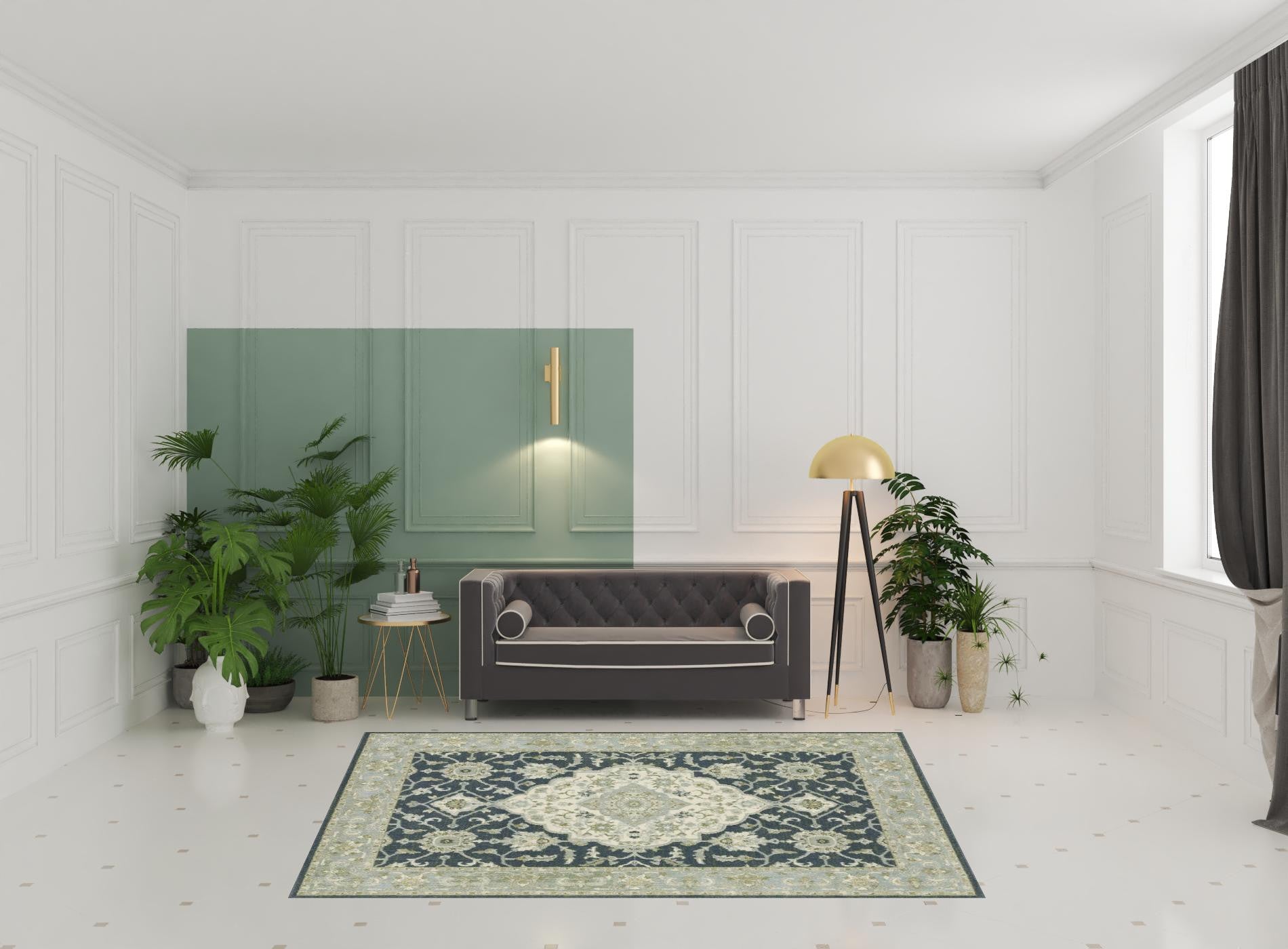 Stain-Resistant Polypropylene Area Rug with Teal Blue, Ivory, Green, and Grey Oriental Design for Family Homes with Kids and Pets
