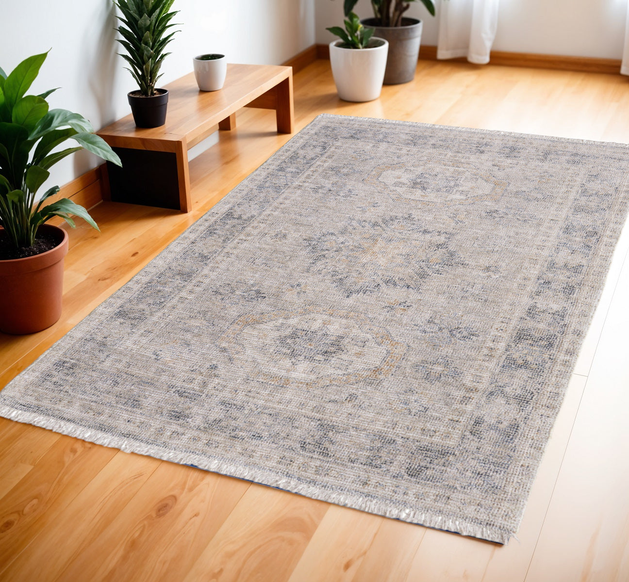 Elegant Hand-Woven Distressed Tan Oriental Area Rug with Fringe for Timeless Decor