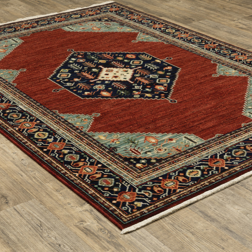 Stylish Red, Blue, and Ivory Stain-Resistant Oriental Runner Area Rug with Elegant Fringed Ends