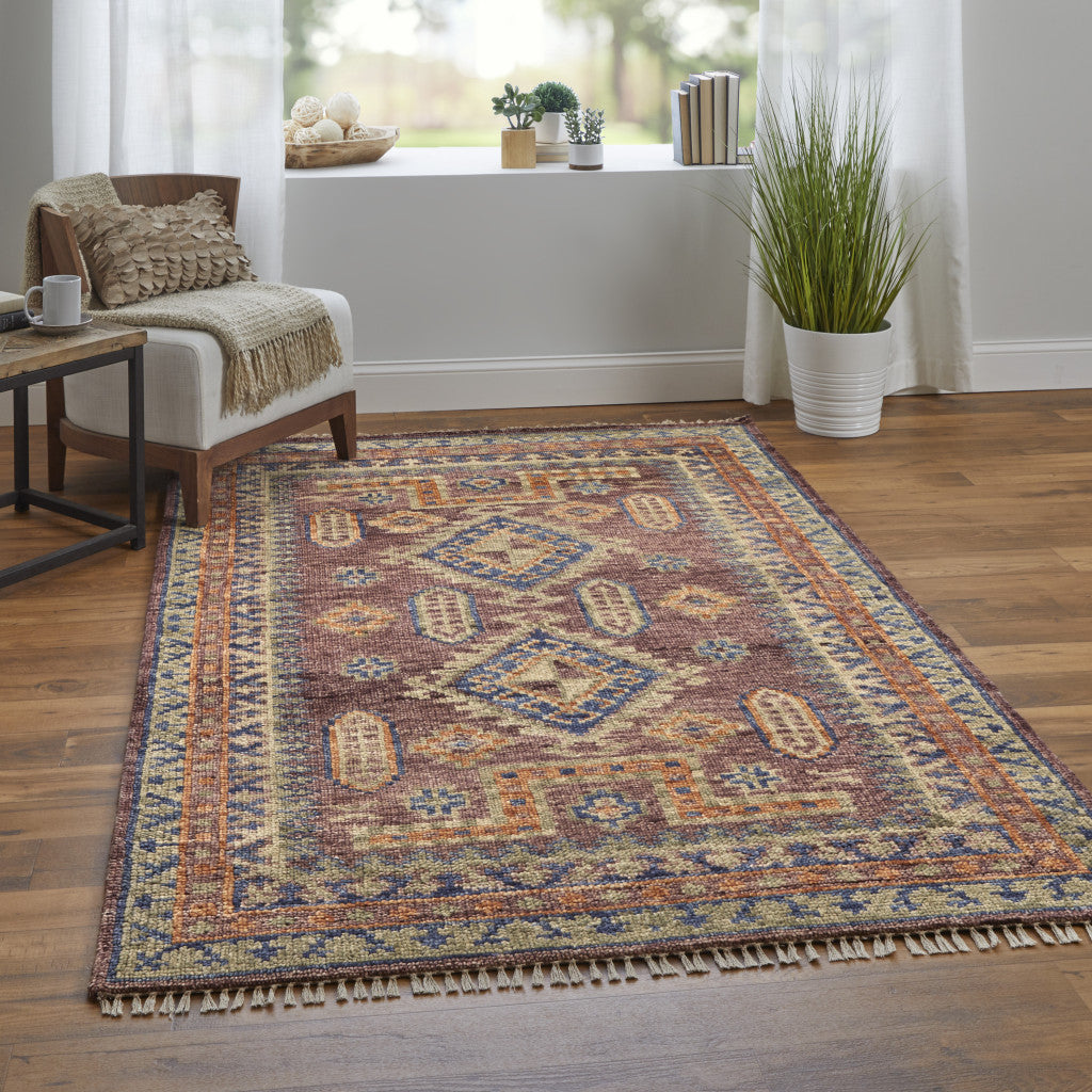 Stylish Hand-Knotted Wool Area Rug with Geometric Pattern, Stain-Resistant Tassel Ends