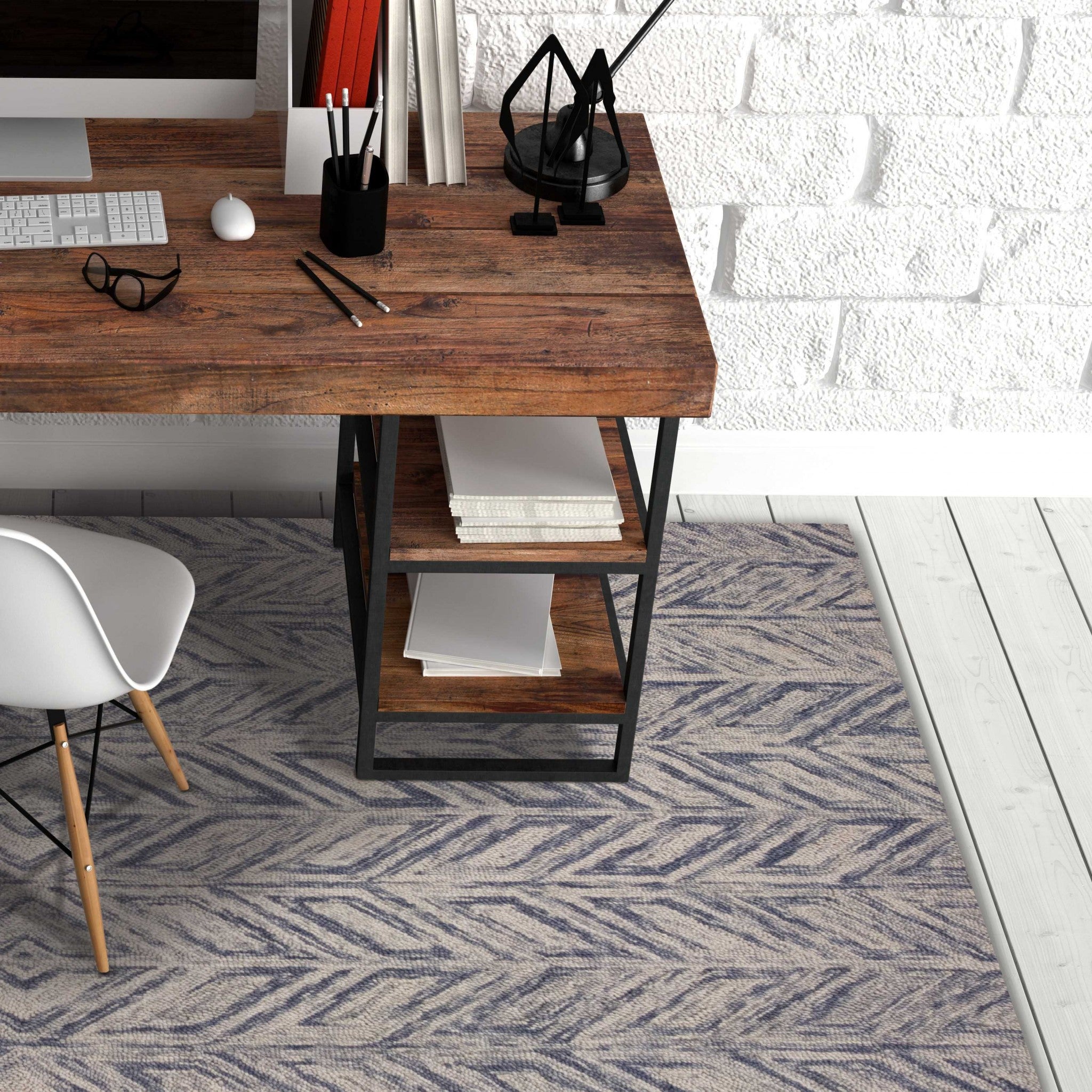 Luxurious Hand-Hooked 100% Wool Blue Heather Herringbone Area Rug for Modern Homes