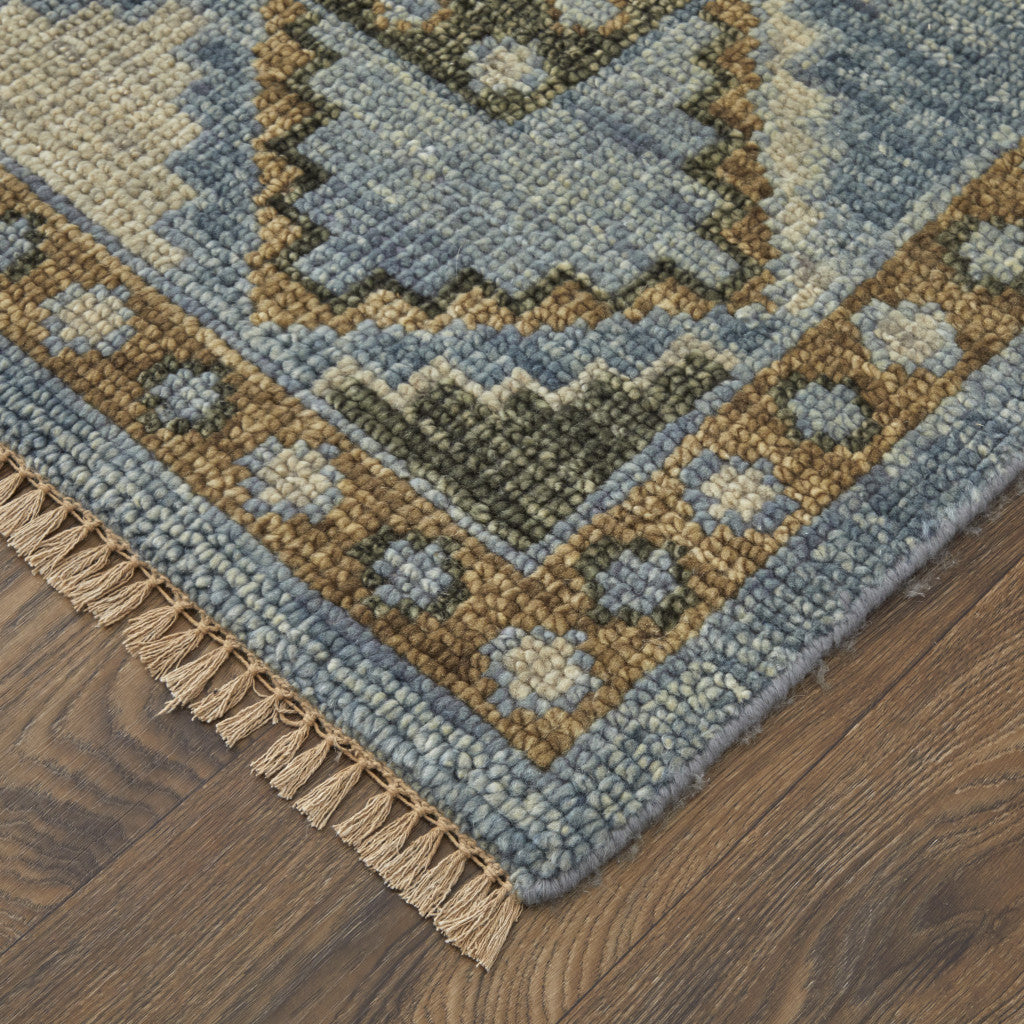 Exquisite Hand-Knotted Wool Area Rug in Elegant Ivory Tan & Blue with Tassels