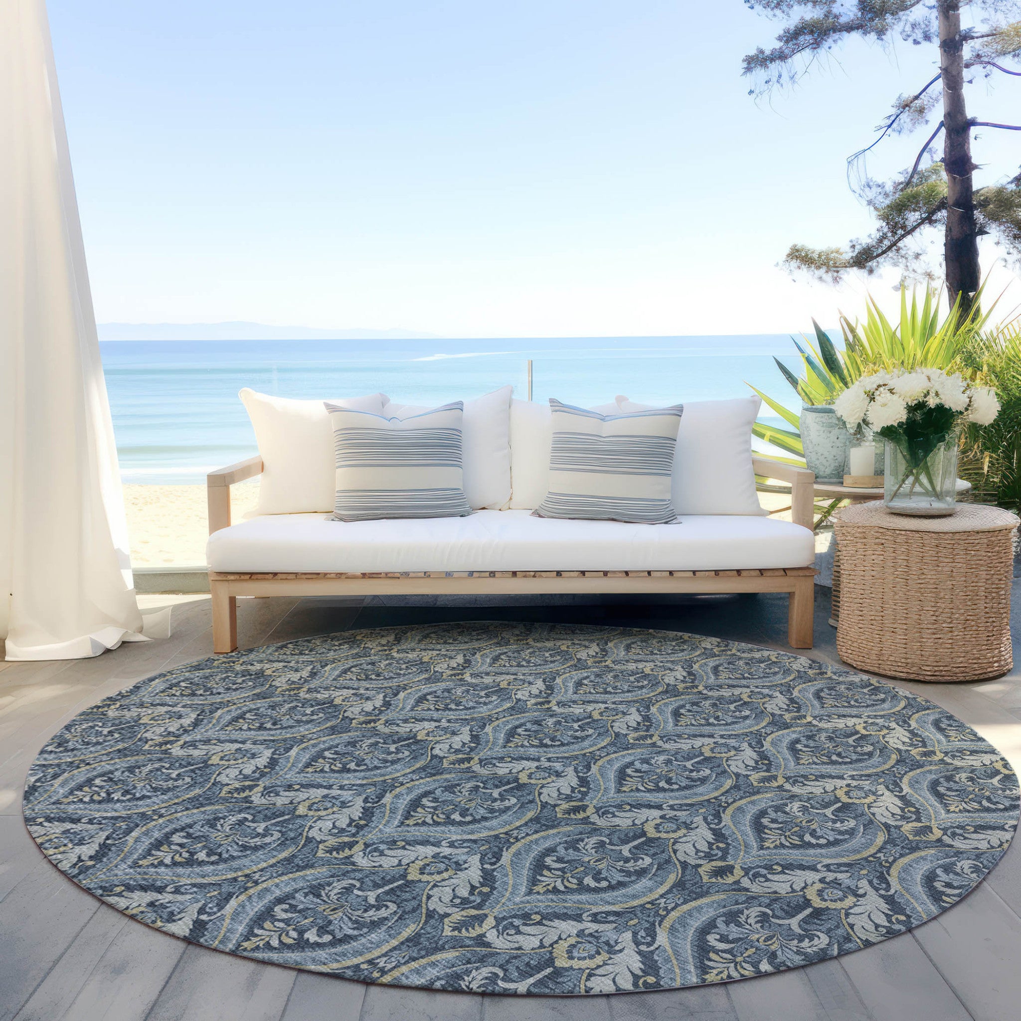 Stylish Washable and Stain - Resistant Non - Skid Damask Design Indoor Outdoor Runner Rug Measuring 27 Inches by 90 Inches