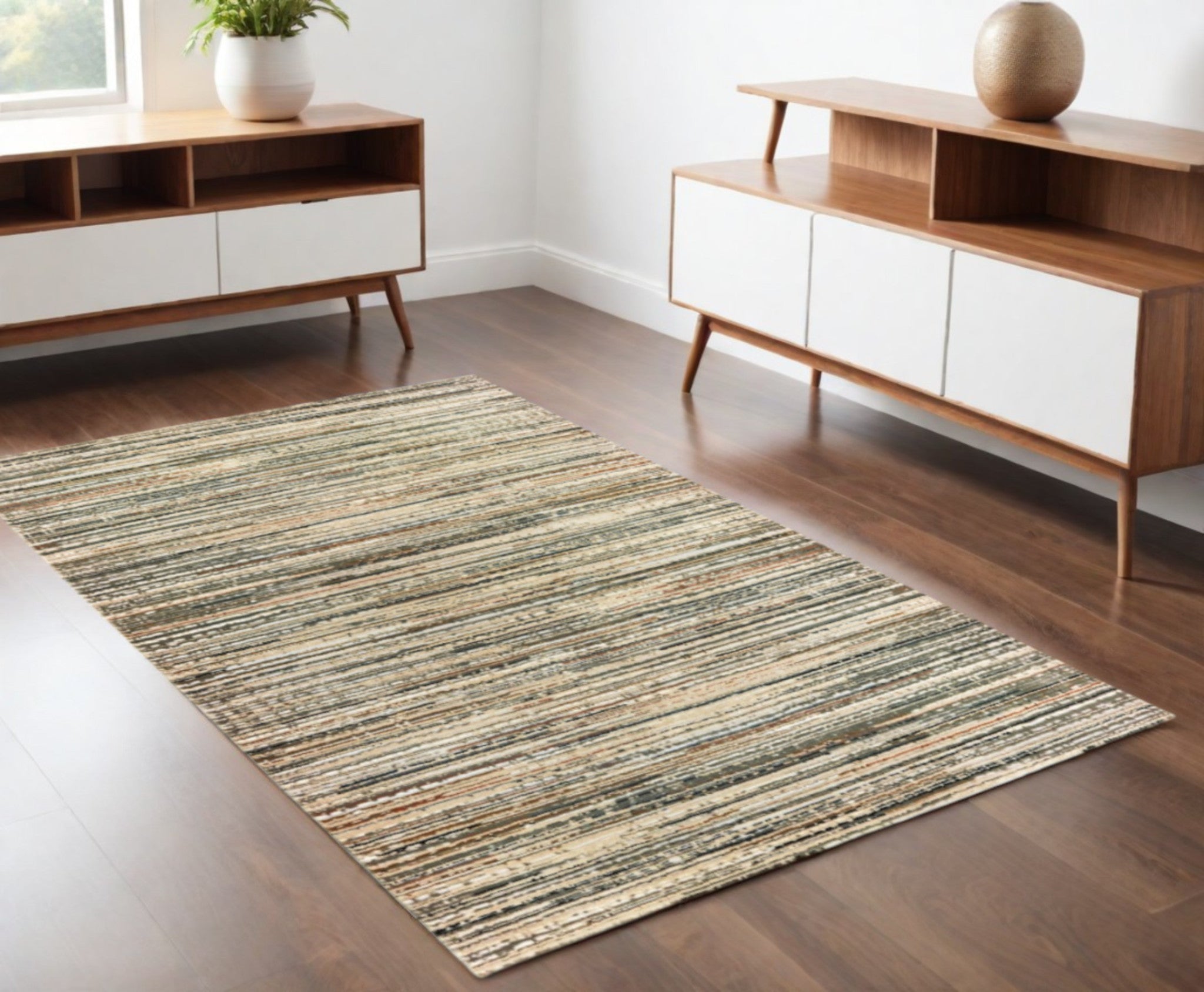 Soft-Textured Ivory Sage Abstract Lines Indoor Rug for Elegant Home Decor