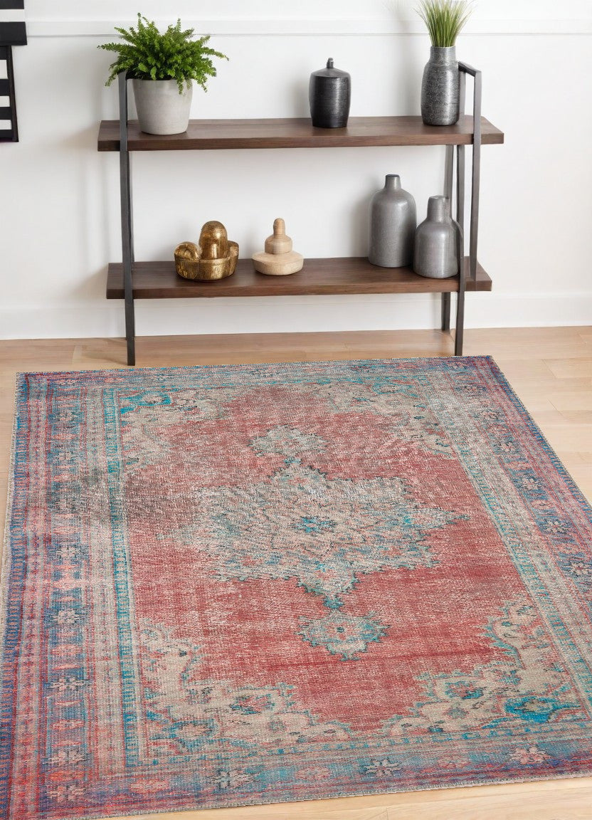 Vintage-Style Red and Blue Oriental Indoor Area Rug with Durable, Soft, and Timeless Classic Design for Traditional Decor