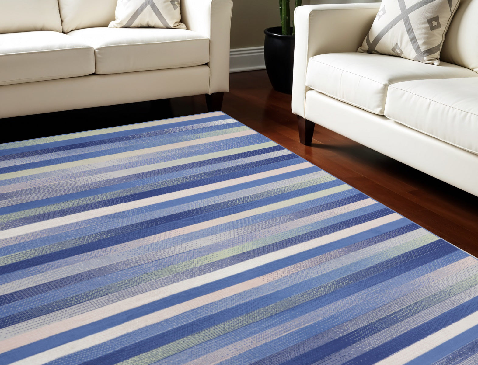 Stain-Resistant and Non-Skid Modern Abstract Area Rug in Ivory Tan and Blue Design, Measuring 8 Feet by 12 Feet
