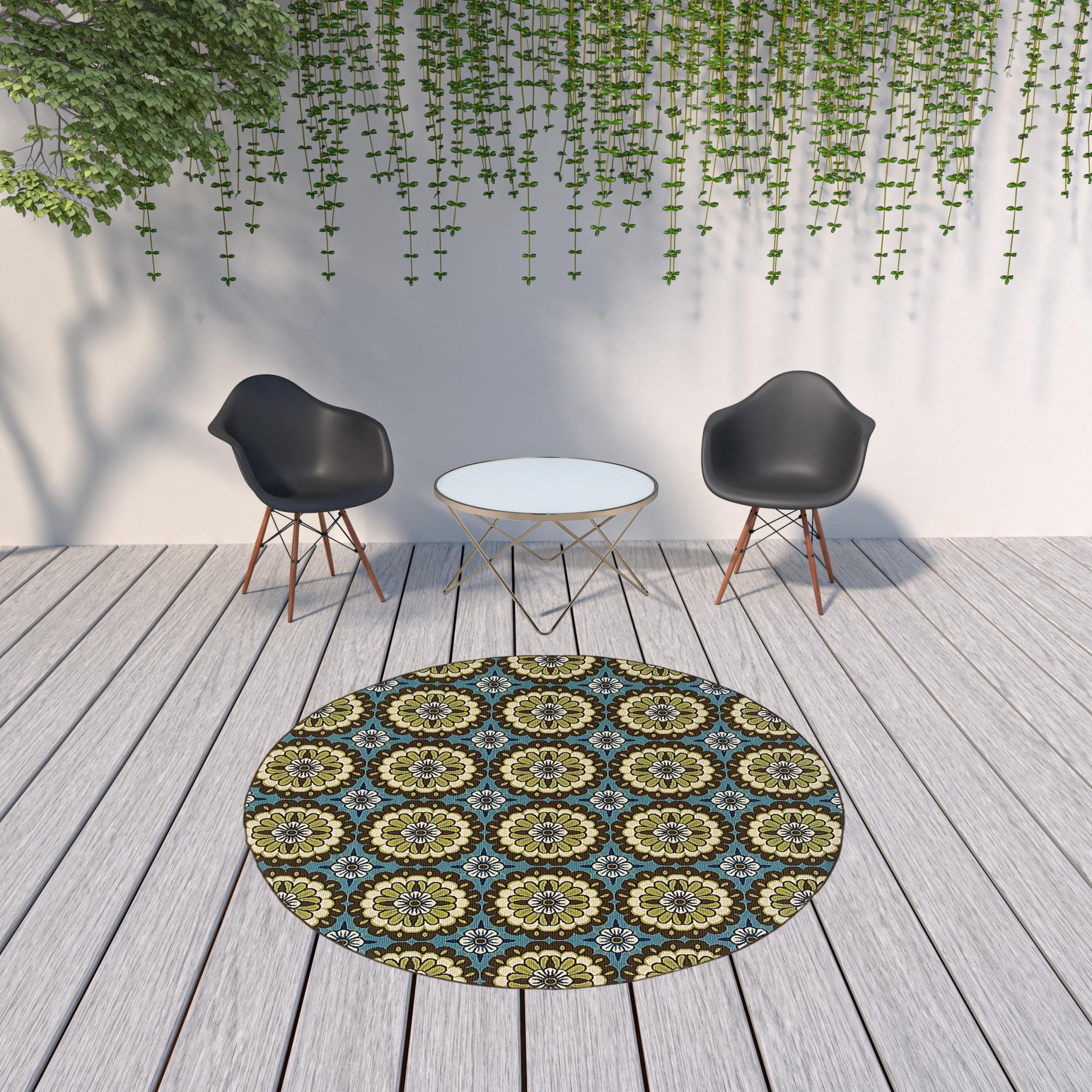 Stain-Resistant Blue and Green Floral Outdoor Area Rug for Indoor/Outdoor Use