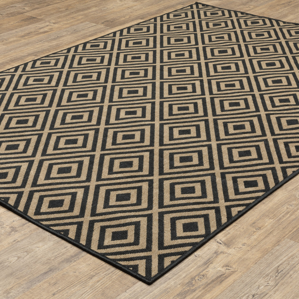 Stylish and Practical Black and Tan Geometric Indoor-Outdoor Area Rug - Stain Resistant, Ideal for Family Homes with Kids