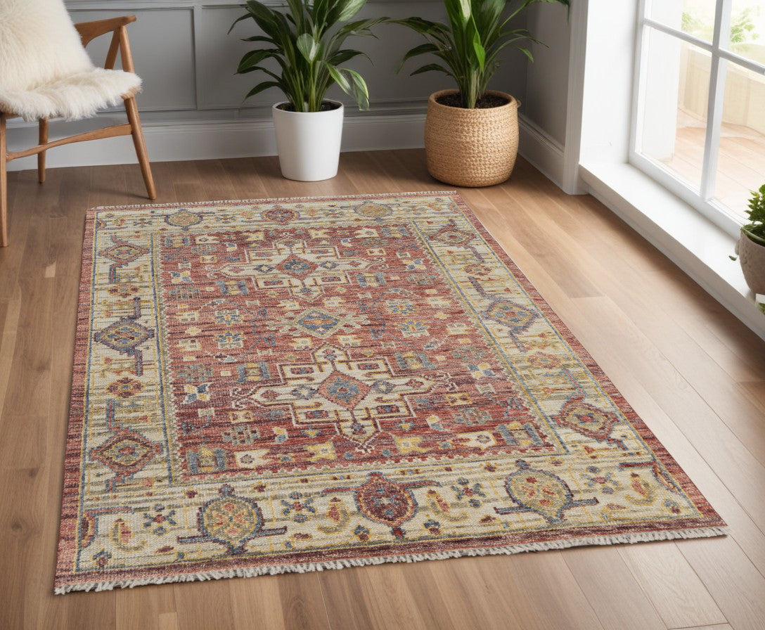 Stylish Stain-Resistant Hand-Knotted Ivory, Red & Gold Oriental Area Rug with Fringe