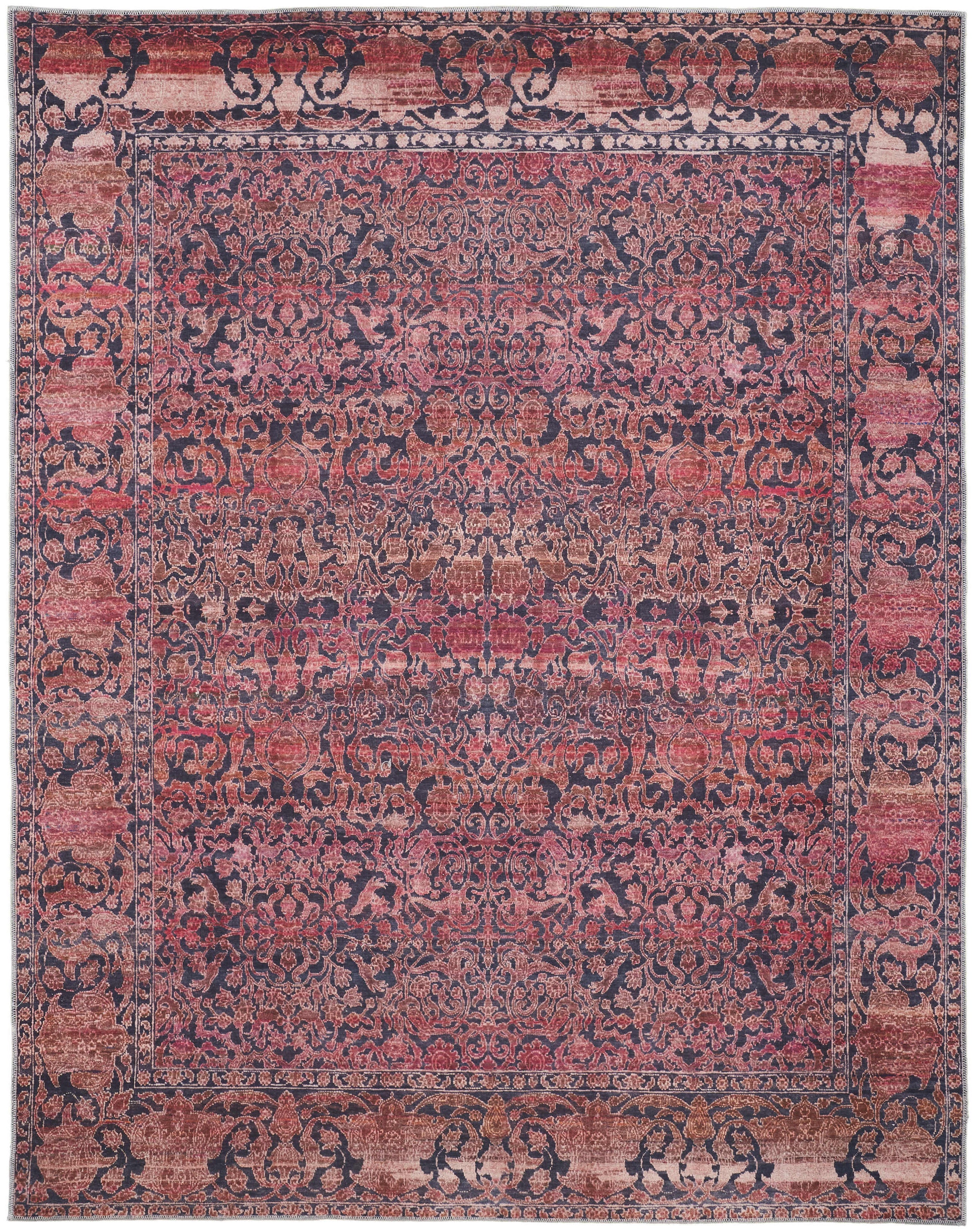 Exquisite Washable Red and Gray Damask Area Rug with Orange Accents - Ideal Rectangle Design for Family Homes with Kids and Pets