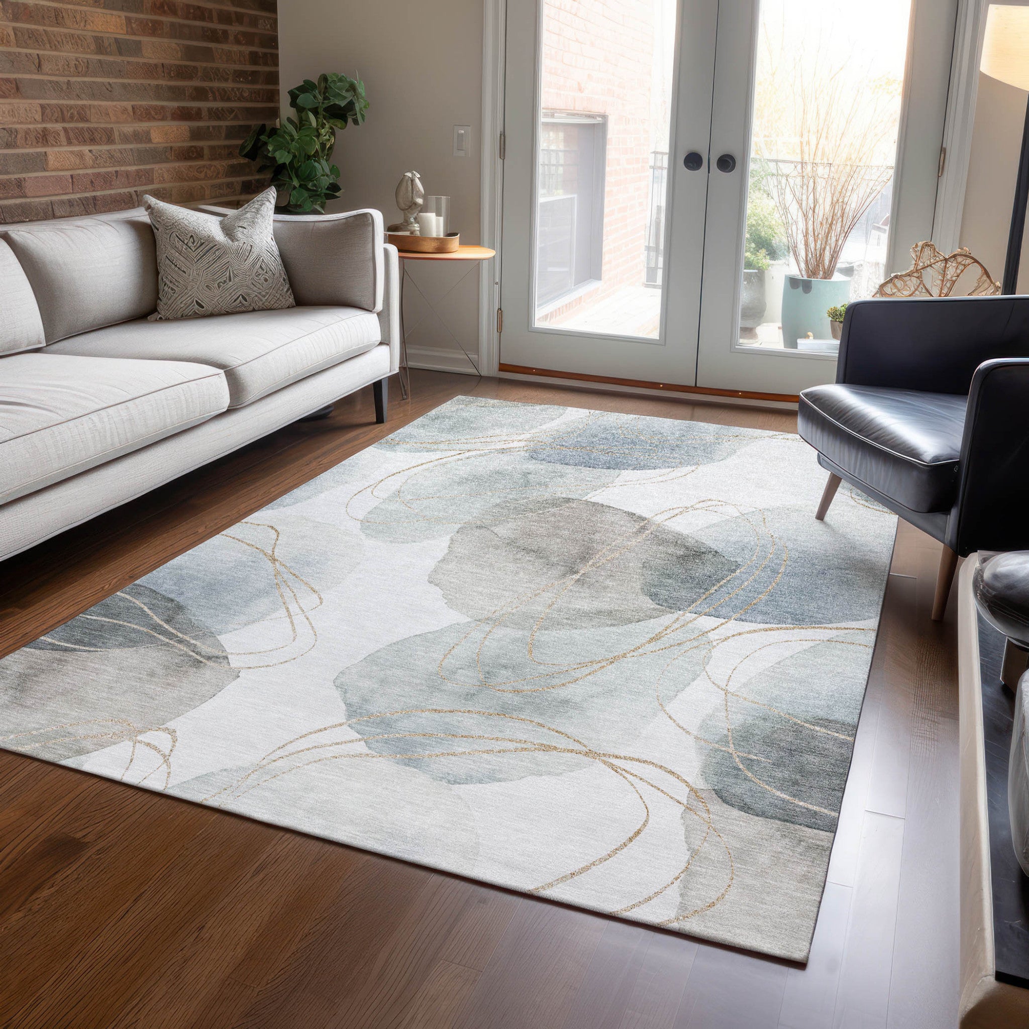 Modern Washable, Non-Skid, Stain-Resistant Green & Ivory Abstract Indoor-Outdoor Runner Rug