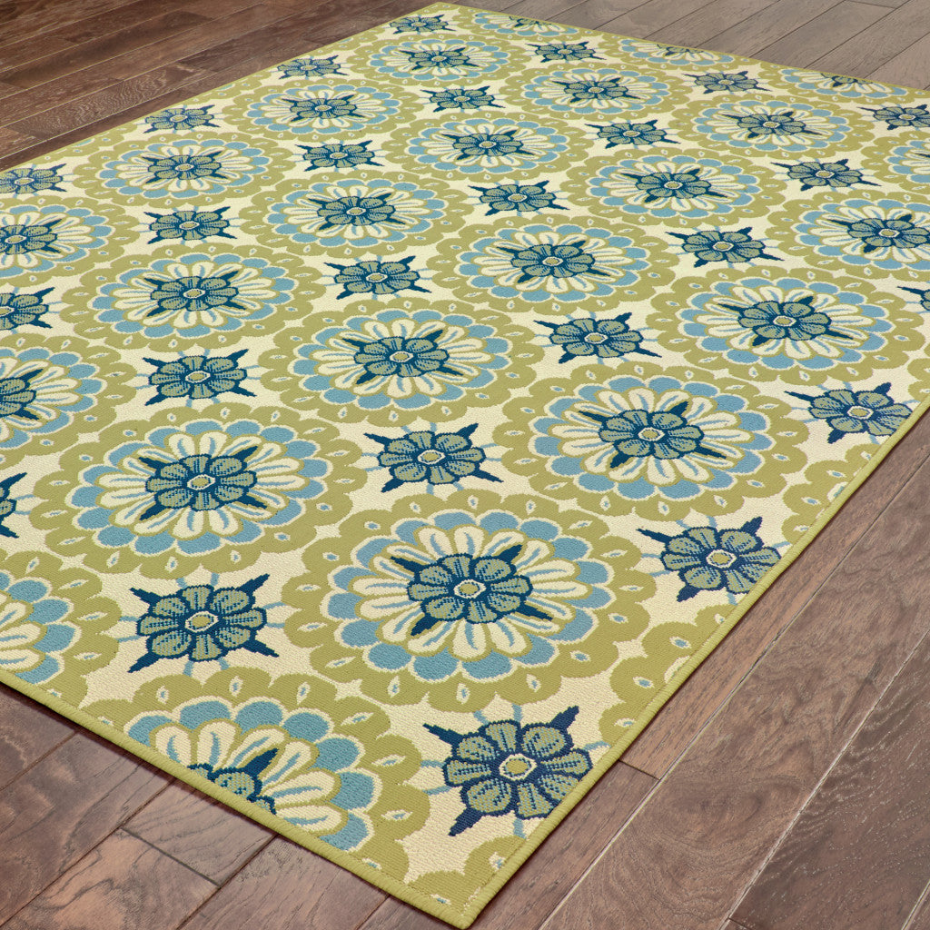 Stain-Resistant Blue and Green Floral Outdoor Area Rug for Indoor/Outdoor Use