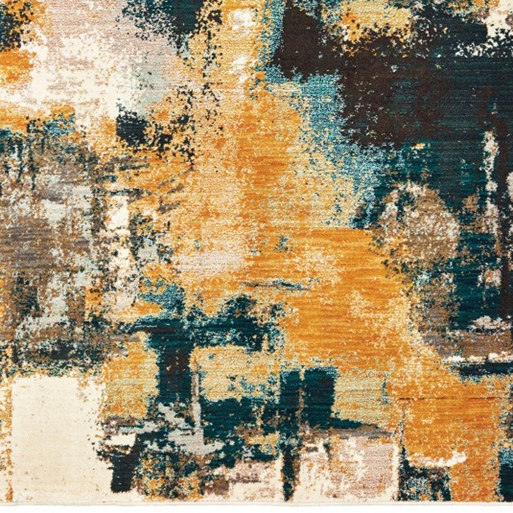 Stylish Blue and Golden Abstract Strokes Area Runner Rug for Contemporary Interior Decoration - Bold and Artistic Design
