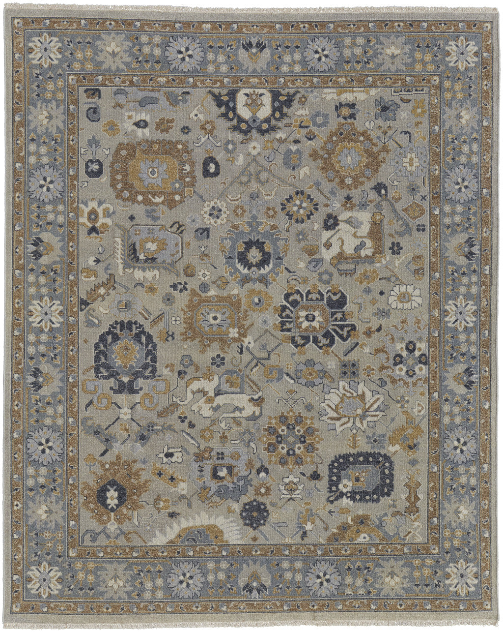 Exquisite Hand - Knotted Wool Oriental Area Rug with Graceful Gray and Brown Color Scheme and Timeless Fringe