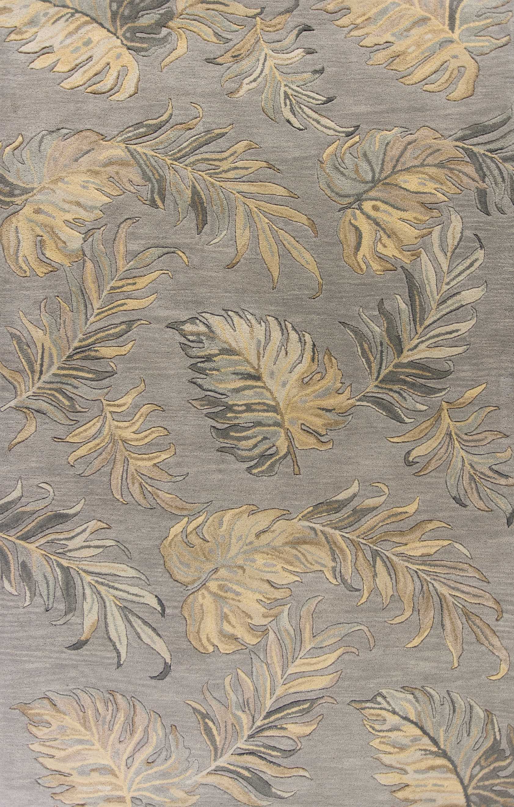 Modern Hand-Tufted Grey Wool Area Rug with Botanical Leaves Design for Homes