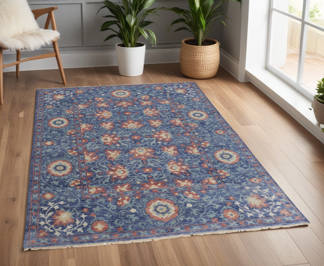 Stain-Resistant Hand-Knotted Blue and Beige Floral Area Rug for Elegant Spaces