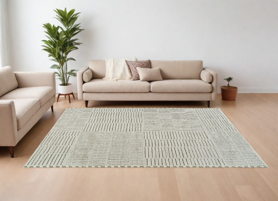 7' x 10' Stain-Resistant Cream & Green Abstract Distressed Cozy Area Rug