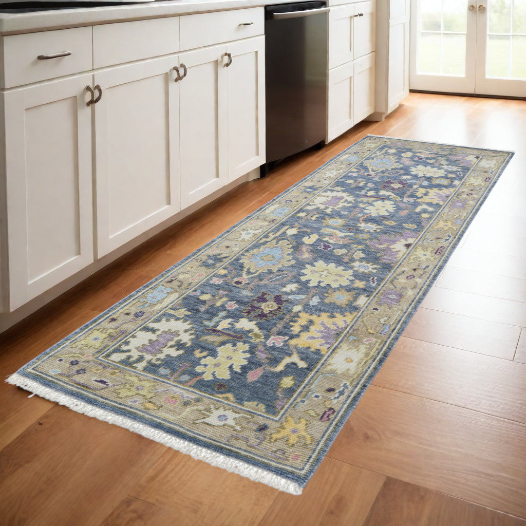 Stain-Resistant Hand-Knotted Oriental Area Rug in Vibrant Gold, Blue & Purple