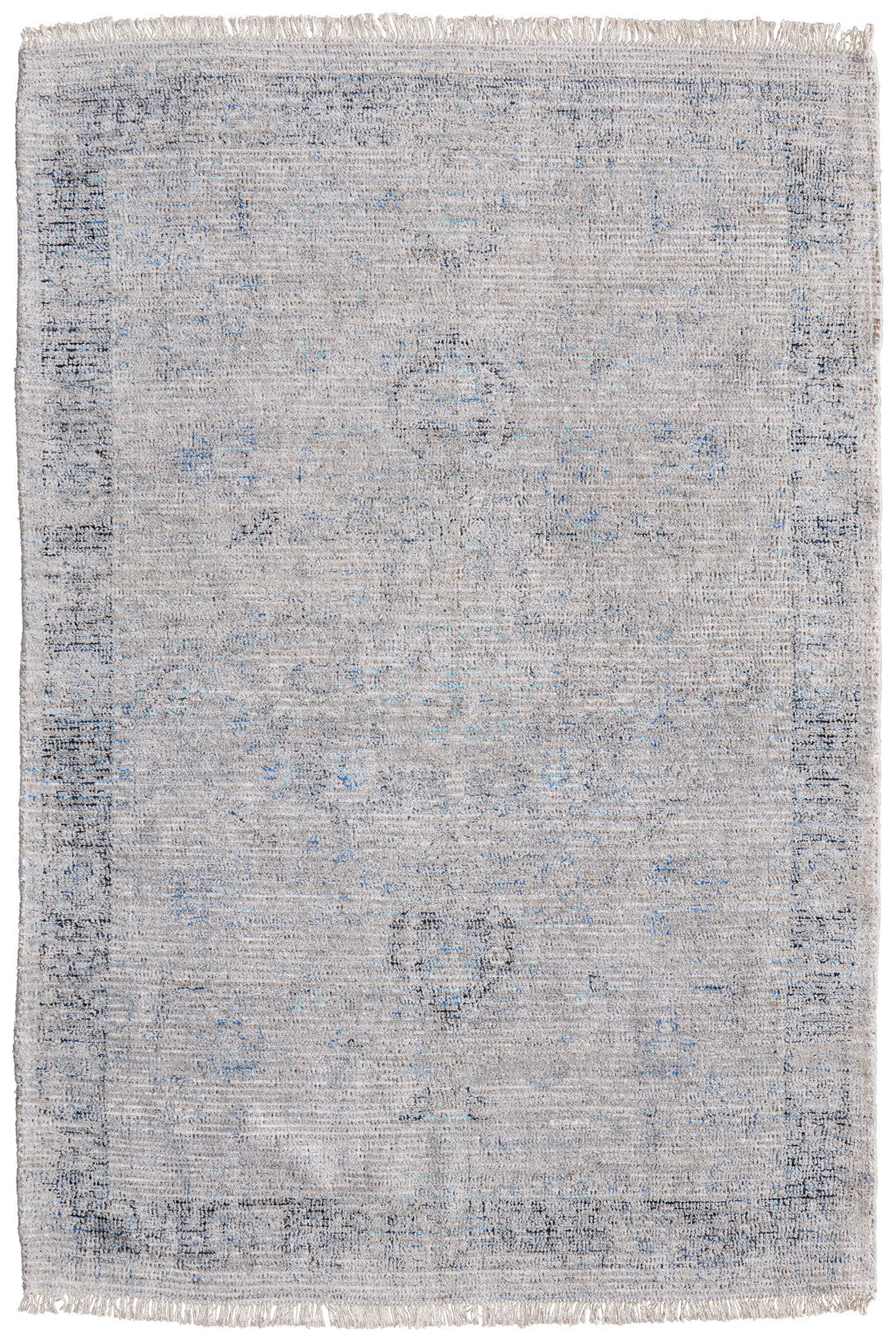 Stylish Handwoven Distressed Wool Blend Area Rug with Fringe - Featuring Abstract Taupe and Blue Design for Interior Decor
